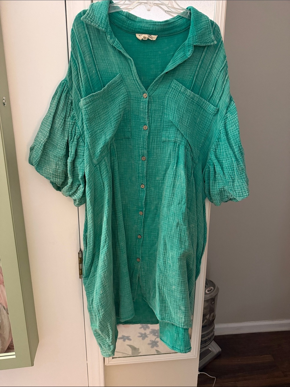 Boutique Relaxed Button-Front Gauze Shirt Dress in Green